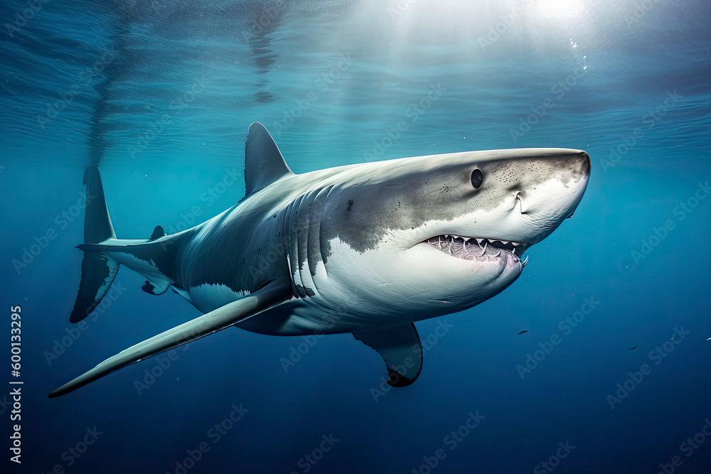Great white shark underwater, hunting and attacking, predator