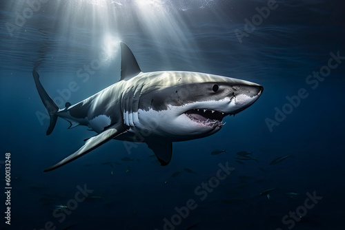 Great white shark underwater, hunting and attacking, predator