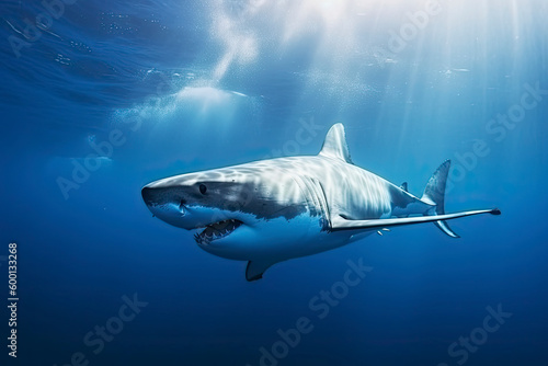 Foto Great white shark underwater, hunting and attacking, predator