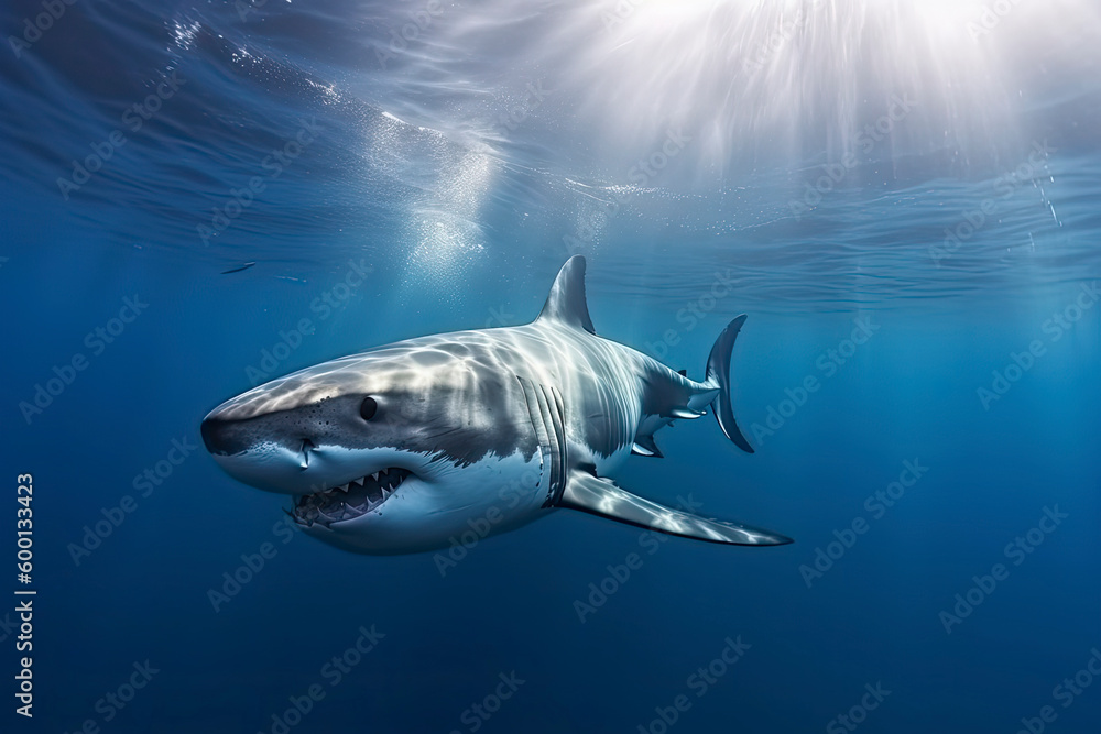 Fototapeta premium Great white shark underwater, hunting and attacking, predator