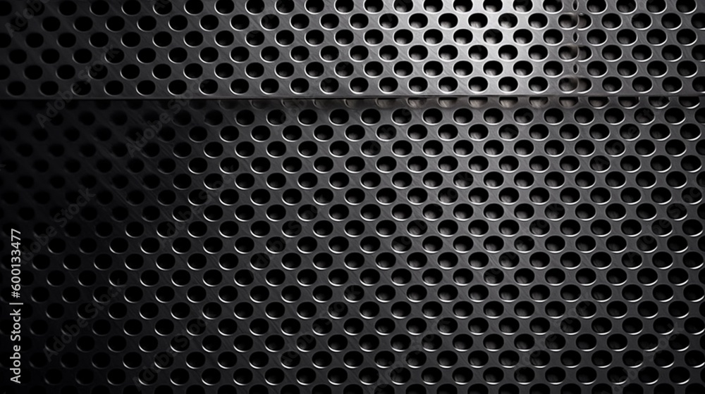 Obraz 黒いパンチングメタル鋼の背景、ダークグレーの光沢のあるメタリックな質感の壁紙、ホラー怖い蜂の巣のコンセプトポスター　AI fototapeta, plakat
