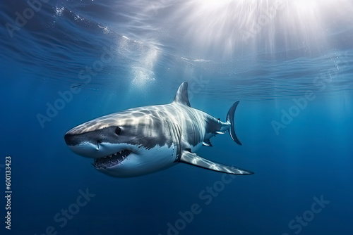 Great white shark underwater  hunting and attacking  predator