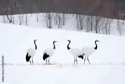 Group of Japanese Red Crowned Cranes in Winter at Tsurui Ito Tancho Crane Sanctuary