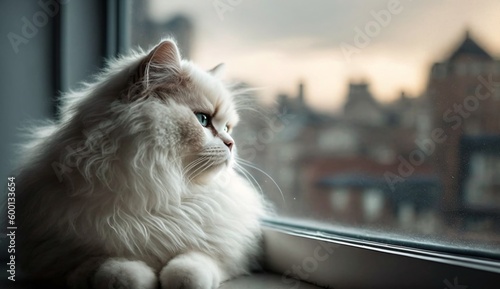 Pensive Feline Overlooking Urban Sunset, generative ai