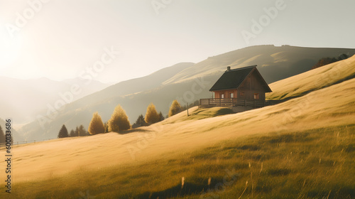Sunny Mountain Landscape with a Wooden Cabin on the Slope, generative ai