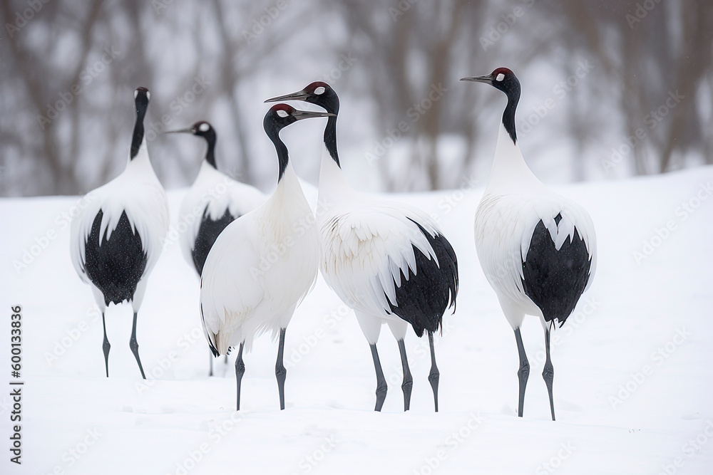 Obraz premium Group of Japanese Red Crowned Cranes in Winter at Tsurui Ito Tancho Crane Sanctuary