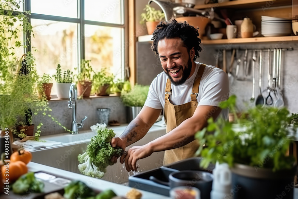 A man in an apron is washing lettuce in a sink created with Generative AI technology A man in an apron is washing lettuce in a sink created with Generative AI technology