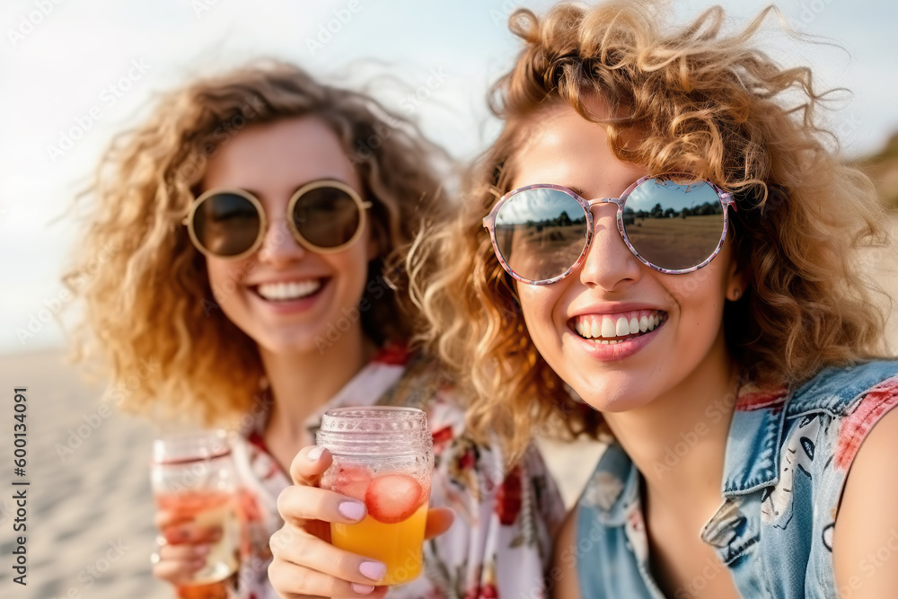 Two women are holding drinks on the beach created with Generative AI technology Two women are holding drinks on the beach created with Generative AI technology