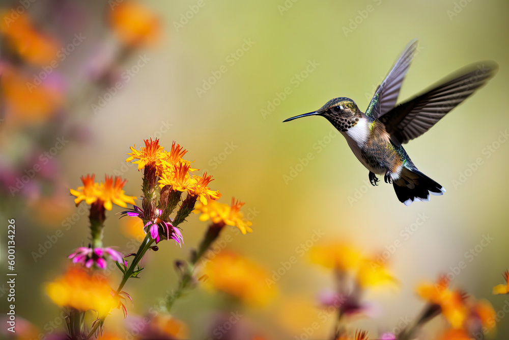 Fototapeta premium Humming bird hovering over colorful, pollen filled flowers