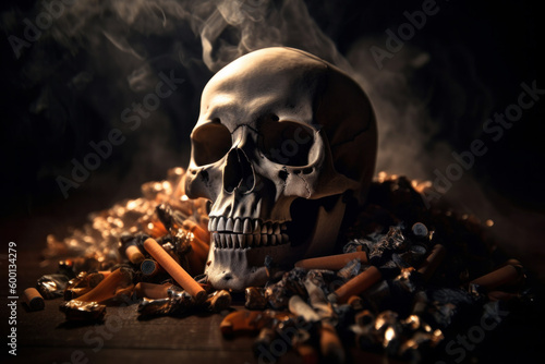 A surreal depiction of a human skull surrounded by smoke and cigarettes, urging smokers to quit and highlighting the harmful chemicals in tobacco, captured by AI Generative. No Tobacco Day