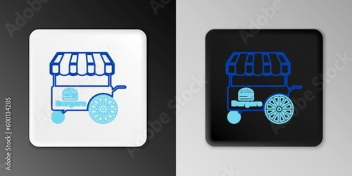 Line Fast street food cart with awning icon isolated on grey background. Burger or hamburger icon. Urban kiosk. Colorful outline concept. Vector