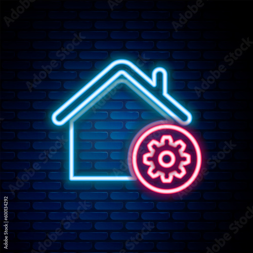 Glowing neon line Smart home settings icon isolated on brick wall background. Remote control. Colorful outline concept. Vector