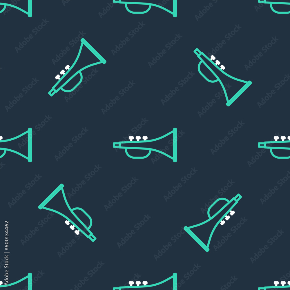 Line Musical instrument trumpet icon isolated seamless pattern on black background. Vector