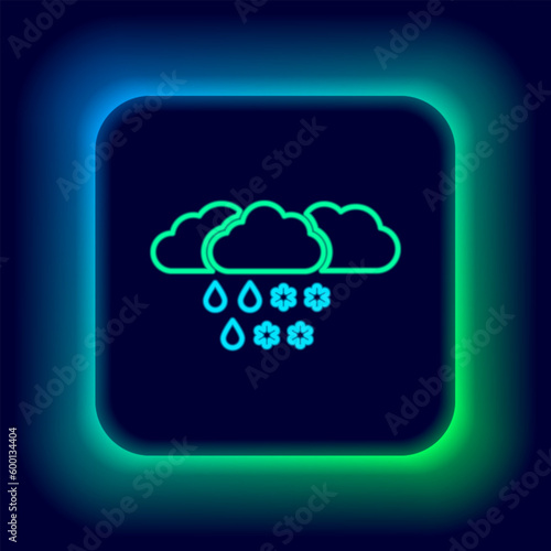 Glowing neon line Cloud with snow and rain icon isolated on black background. Weather icon. Colorful outline concept. Vector