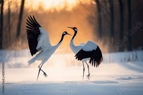 Dancing Cranes. The ritual marriage dance of cranes. The red-crowned crane. Scientific name: Grus japonensis, also called the Japanese crane or Manchurian crane. natural habitat. Japan photo