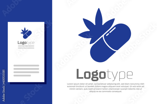 Blue Medical pills with marijuana or cannabis leaf icon isolated on white background. Mock up of cannabis oil extracts in jars. Logo design template element. Vector Illustration