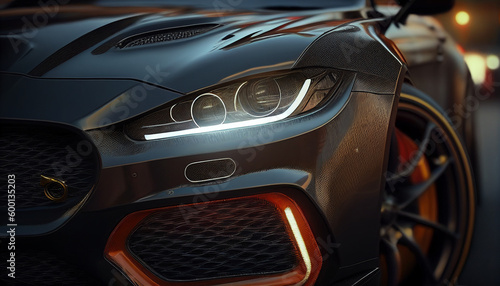 A black sports car with the headlights lit up and the hood, Generative AI