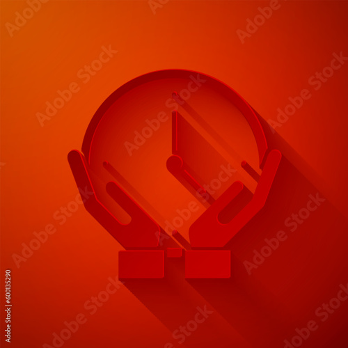 Paper cut Clock icon isolated on red background. Time symbol. Paper art style. Vector