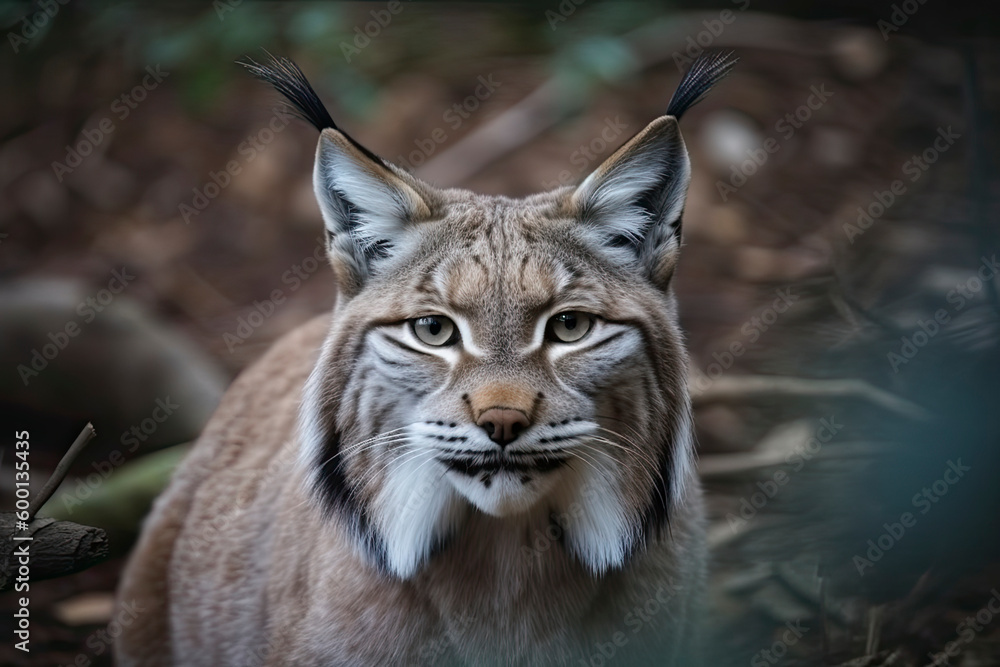 Lynx looks with predatory eyes from the shelter, hidden in the forest while walking Lynx looks with predatory eyes from the shelter, hidden in the forest while walking