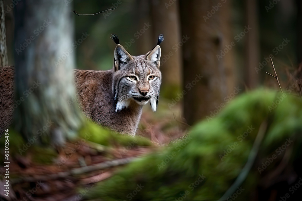 Fototapeta premium Lynx looks with predatory eyes from the shelter, hidden in the forest while walking