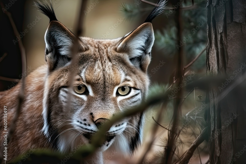 Fototapeta premium Lynx looks with predatory eyes from the shelter, hidden in the forest while walking