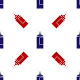Blue and red Sauce bottle icon isolated seamless pattern on white background. Ketchup, mustard and mayonnaise bottles with sauce for fast food. Vector