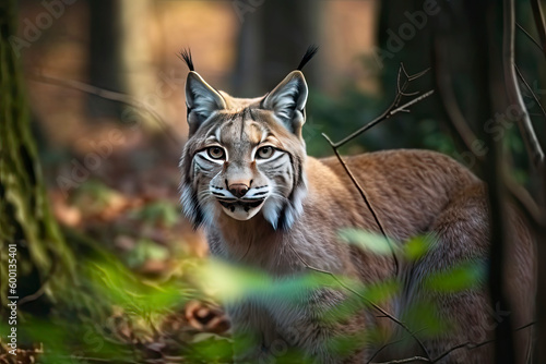 Lynx looks with predatory eyes from the shelter  hidden in the forest while walking