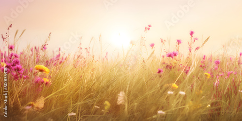 field of grass with beautiful flowers, in the style of sun - soaked colours, light yellow and light magenta, generative ai