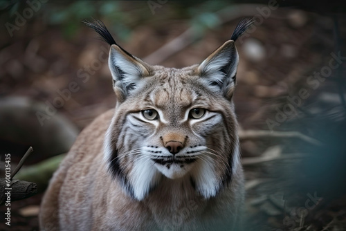 Lynx looks with predatory eyes from the shelter, hidden in the forest while walking © surassawadee
