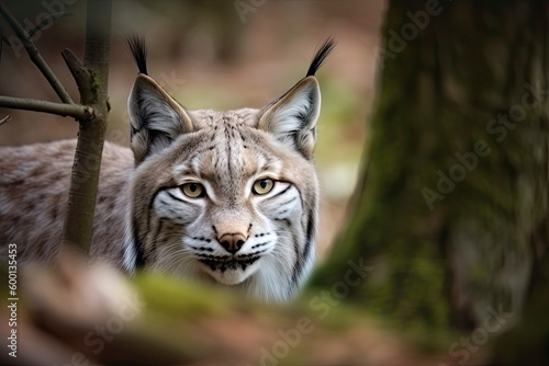 Lynx looks with predatory eyes from the shelter, hidden in the forest while walking