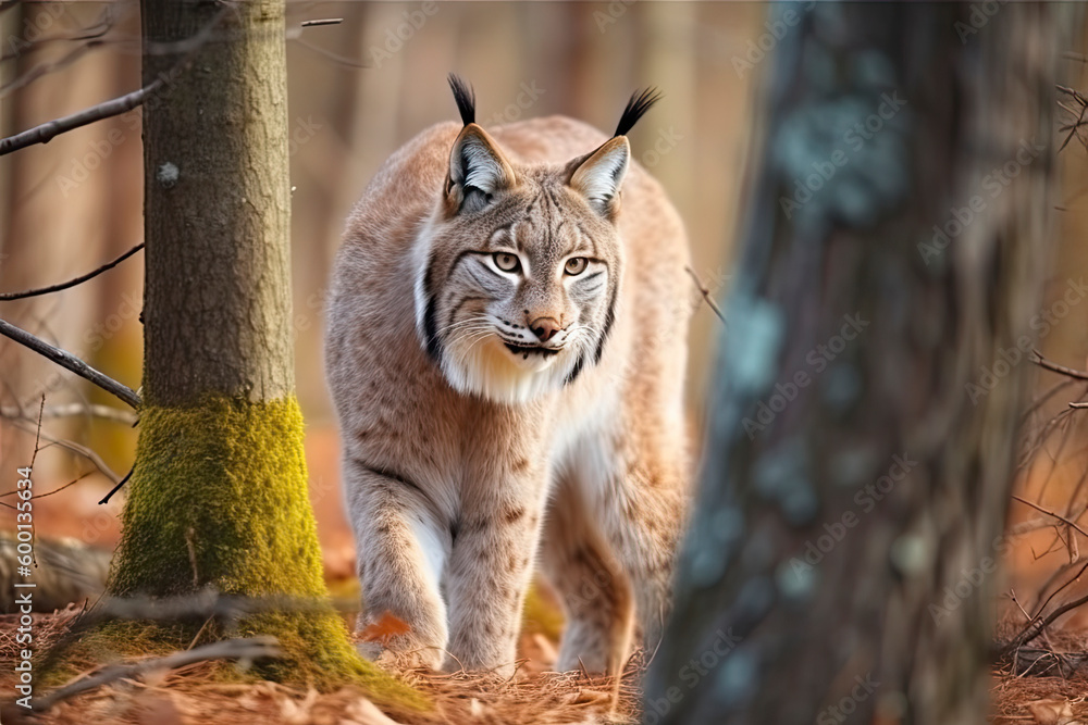 Obraz premium Lynx looks with predatory eyes from the shelter, hidden in the forest while walking