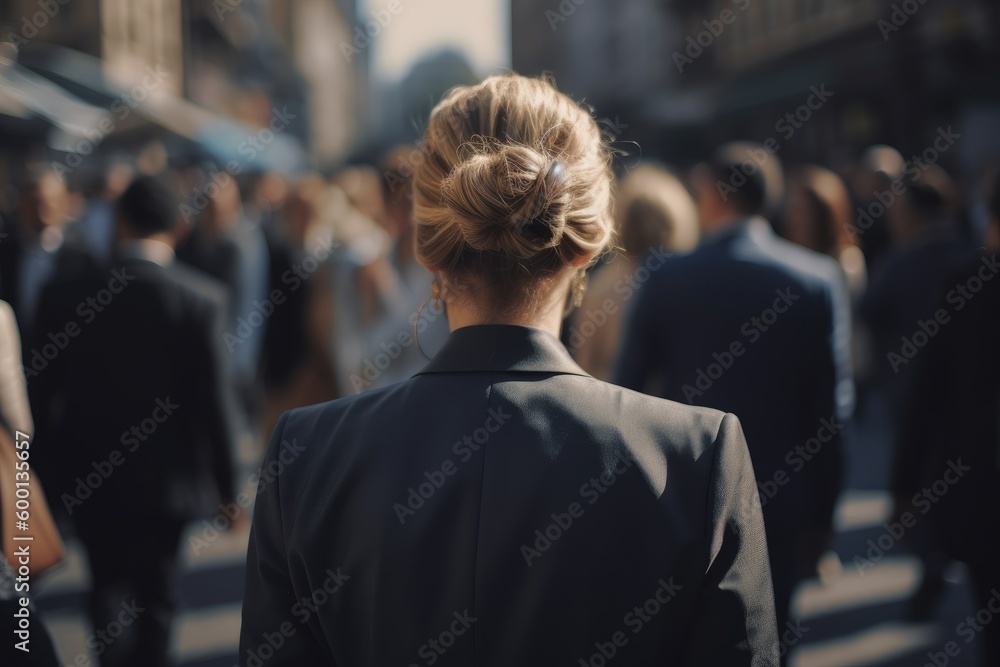 Businesswoman in the Crowd, Blurry Background, Rear View. Generative AI illustrations Businesswoman in the Crowd, Blurry Background, Rear View. Generative AI illustrations