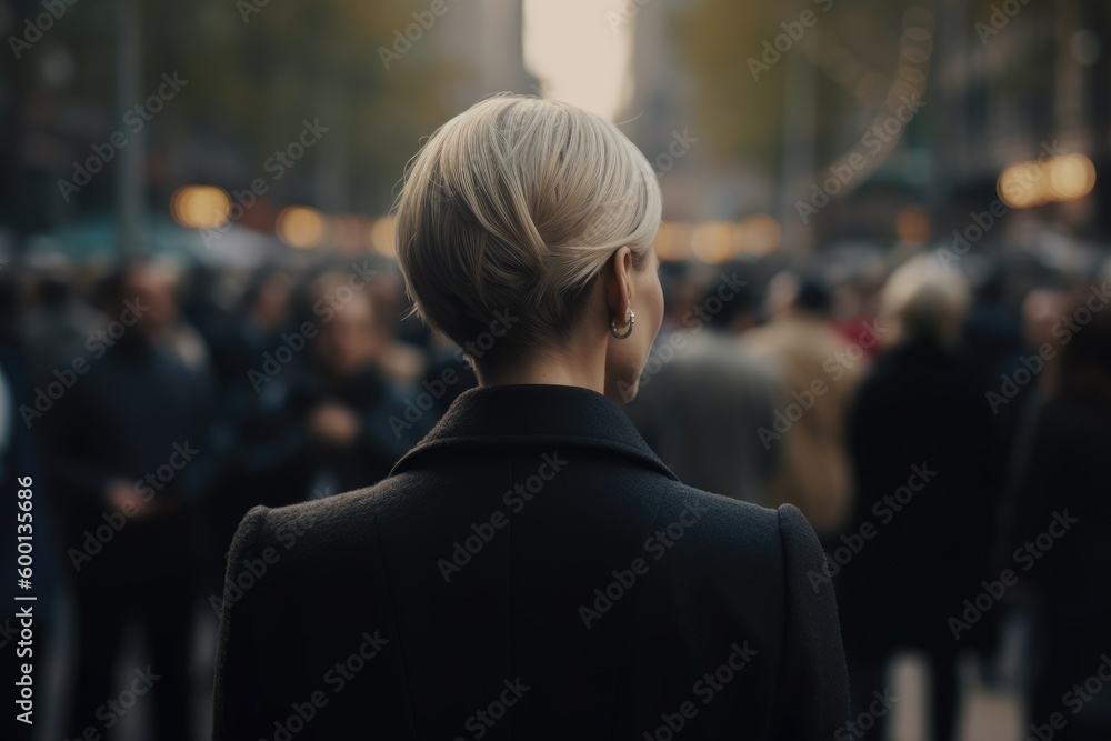 Fototapeta premium Businesswoman in the Crowd, Blurry Background, Rear View. Generative AI illustrations