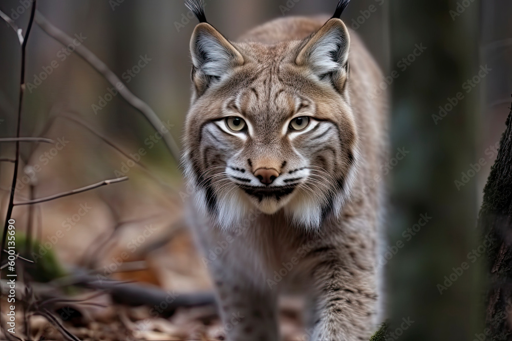 Lynx looks with predatory eyes from the shelter, hidden in the forest while walking Lynx looks with predatory eyes from the shelter, hidden in the forest while walking