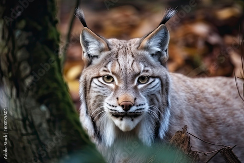 Lynx looks with predatory eyes from the shelter, hidden in the forest while walking © surassawadee