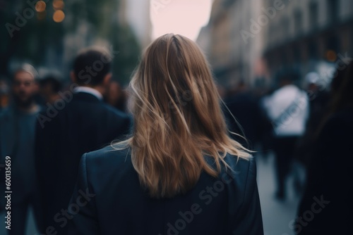 Businesswoman in the Crowd, Blurry Background, Rear View. Generative AI illustrations