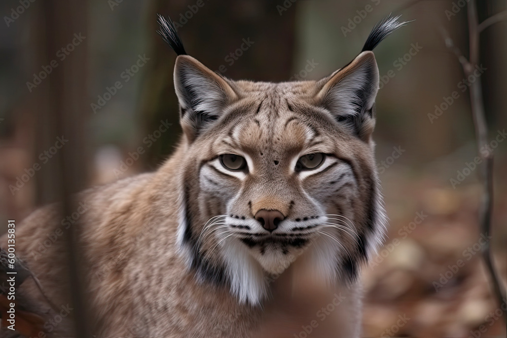 Fototapeta premium Lynx looks with predatory eyes from the shelter, hidden in the forest while walking