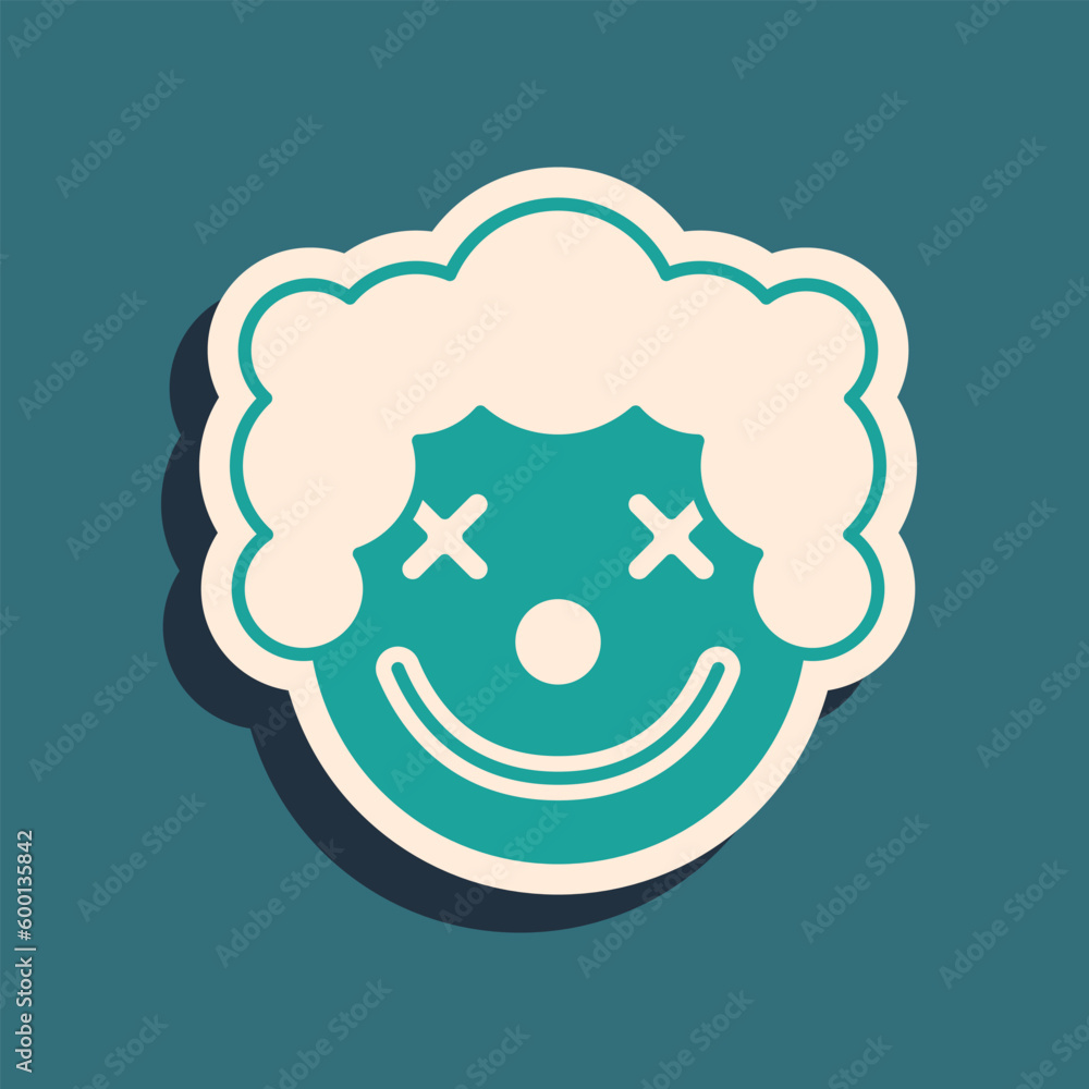 Green Clown head icon isolated on green background. Long shadow style. Vector Green Clown head icon isolated on green background. Long shadow style. Vector
