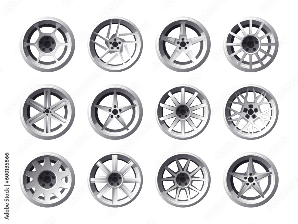 Wheel rims. Car and truck wheels, motor vehicle and auto parts, cast, steel, light alloy and aluminum wheels flat transport parts. Vector set. Shiny metal equipment for automobiles collection Wheel rims. Car and truck wheels, motor vehicle and auto parts, cast, steel, light alloy and aluminum wheels flat transport parts. Vector set. Shiny metal equipment for automobiles collection
