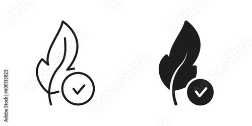 Feather Hypoallergenic Concept Silhouette and Line Icon Set. Feather Check Logo. Hypoallergenic Tested Cosmetic Product Black Symbol Collection. Soft Sensitive Skin Sign. Isolated Vector Illustration