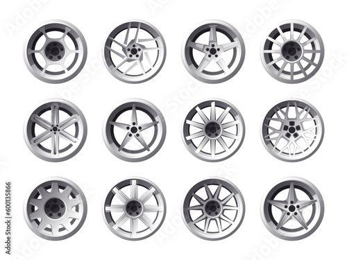 Wheel rims. Car and truck wheels, motor vehicle and auto parts, cast, steel, light alloy and aluminum wheels flat transport parts. Vector set. Shiny metal equipment for automobiles collection