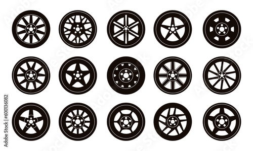 Black car rims. Automobile disc rims silhouette, round vehicle steel wheel icons, car industry pictogram. Vector cargo auto transport rims set. Motor serve and maintenance isolated objects