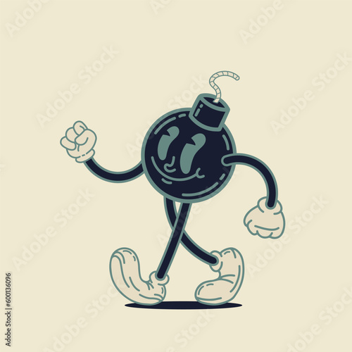 Walking cartoon bomb character mascot. Vector illustration in retro cartoon style.
