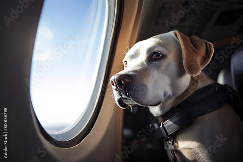 Travelling with pet. Cute long haired dog near window in airplane Generative AI