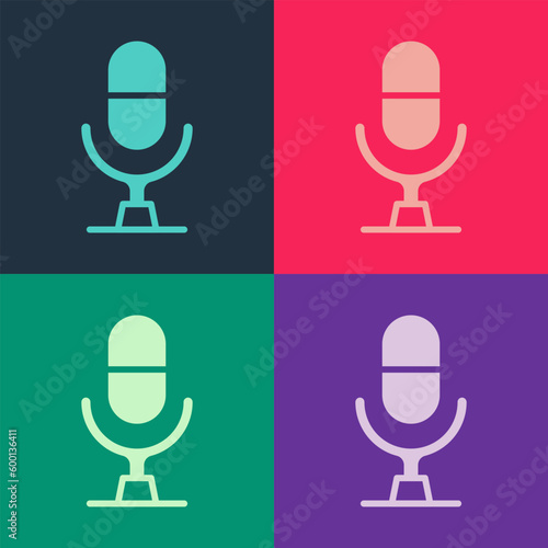 Pop art Microphone voice device icon isolated on color background. Microphone interpreter and alphabet letters. Vector