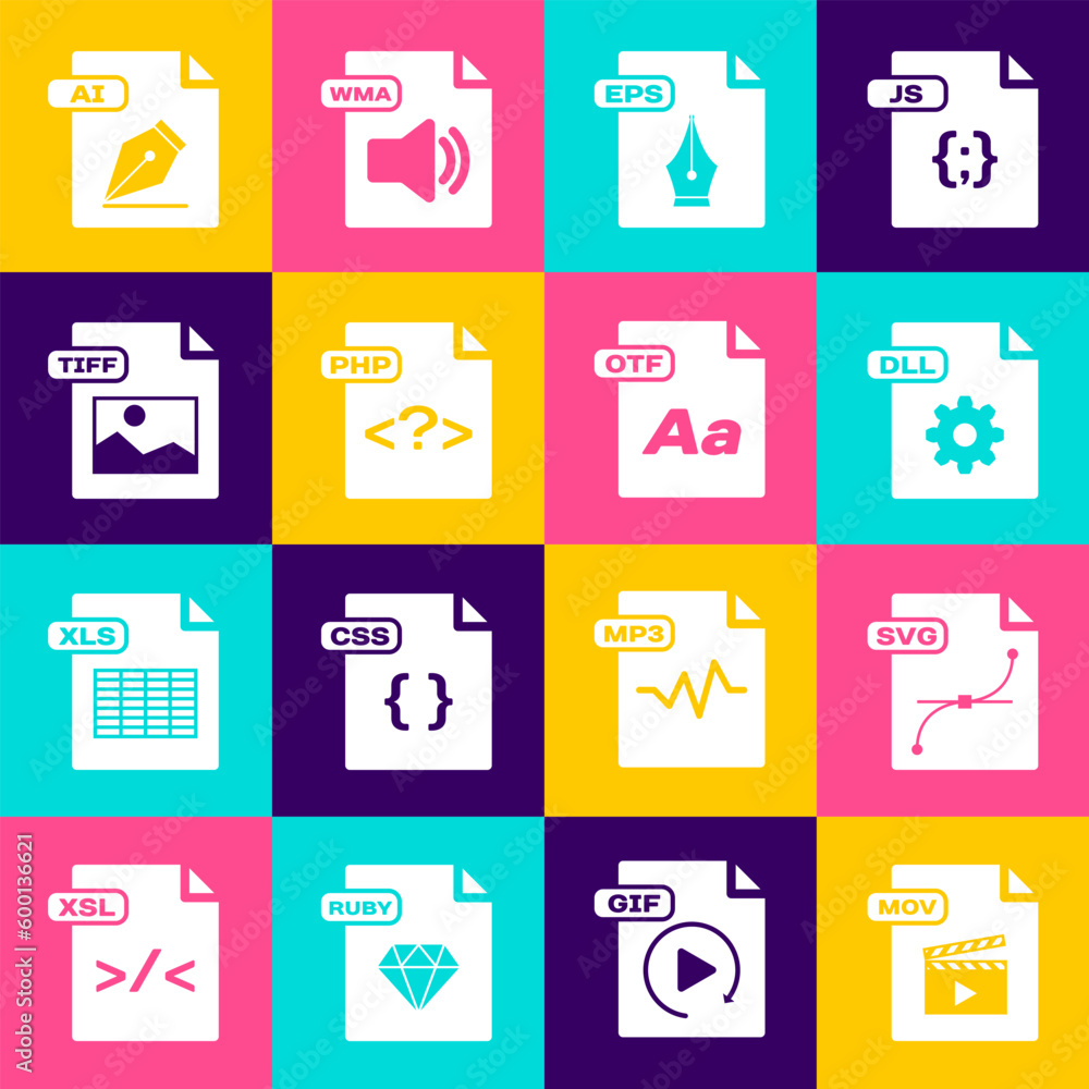 Set MOV file document, SVG, DLL, EPS, PHP, TIFF, AI and OTF icon. Vector Set MOV file document, SVG, DLL, EPS, PHP, TIFF, AI and OTF icon. Vector