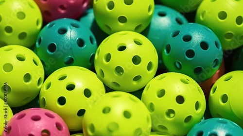 Close up of colourful pickeball balls, Generative AI