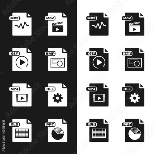 Set BMP file document, GIF, MP3, MOV, MP4, DLL, PPT and XLS icon. Vector