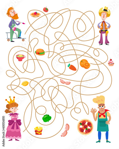Maze for children. Puzzle game with cute characters. Who did the pizzaiolo make the pizza for? What do the other characters eat? Vector illustration.