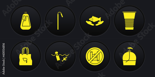 Set Shopping bag with recycle, Paper glass, Problem pollution of the ocean, Say no to plastic bags poster, Fish care, Drinking straw, Bottle liquid soap and for dishwashing icon. Vector